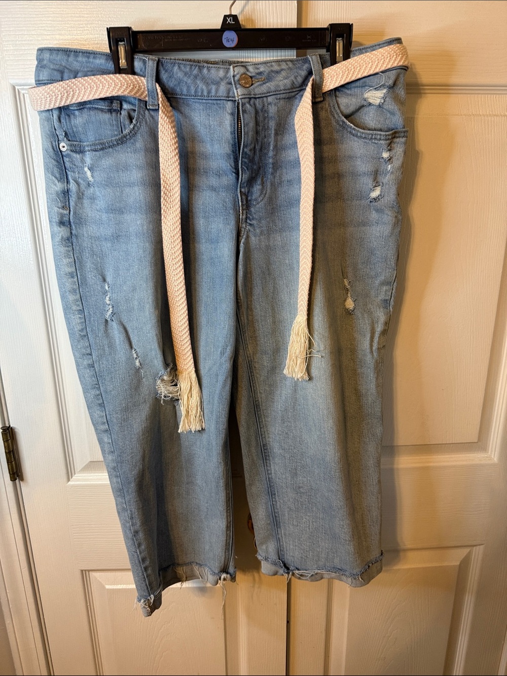 Maurices Light Blue Distressed Cropped Jeans with Cream Woven Belt